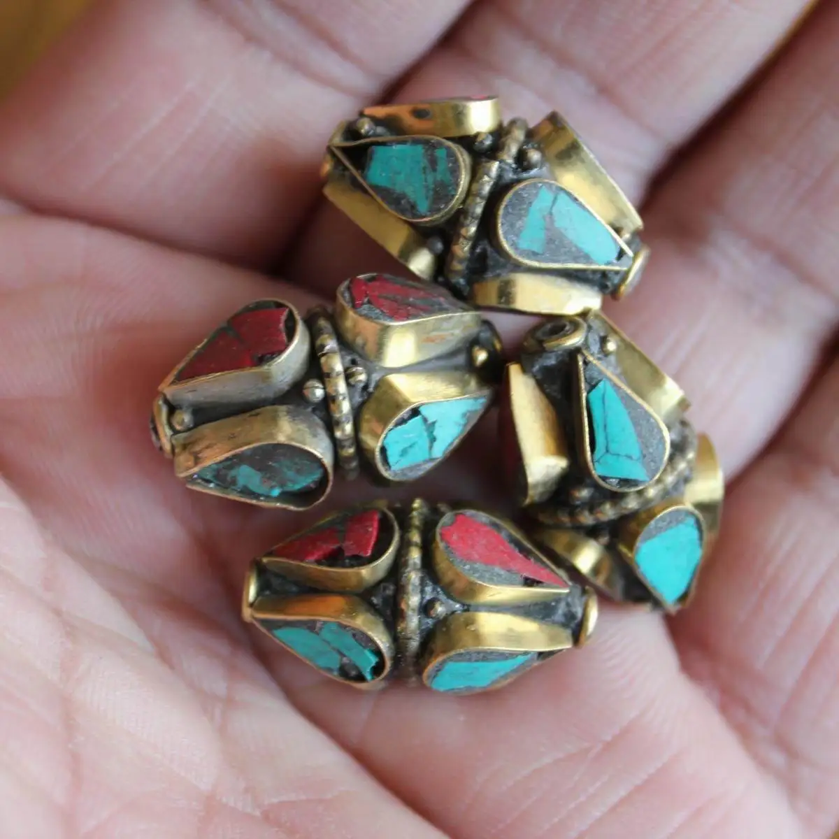 BD243 Nepal Handmade Brass Metal Beads Inlaid Colorful Stone Shuttle Loose Beads For DIY Jewelry 4 PCS Beads Lot