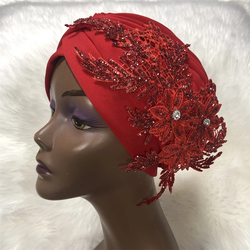 Red Nigerian Turban Gele Headtie Aso Oke Gele Already Made Auto Gele Headtie African Turban Cap with Colorful -AC30