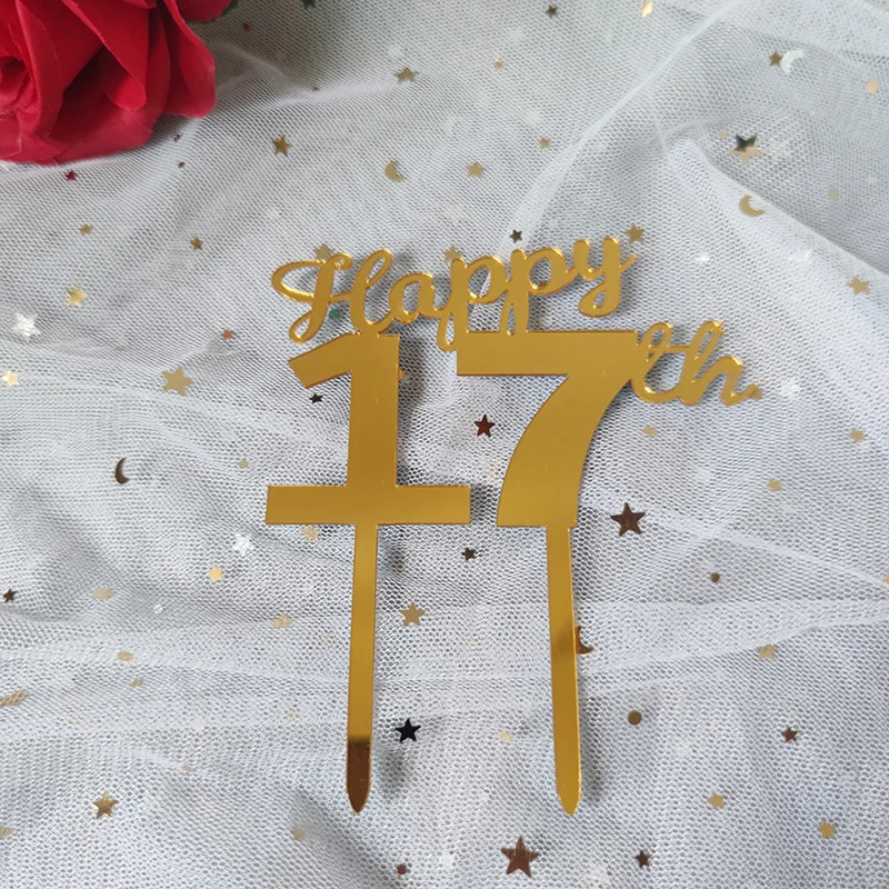 New Golden Happy 17 21 30 40 50 60th Acrylic Birthday Cake Topper Numbers Baking Cake Toppers Birthday Party Cupcake Decorations