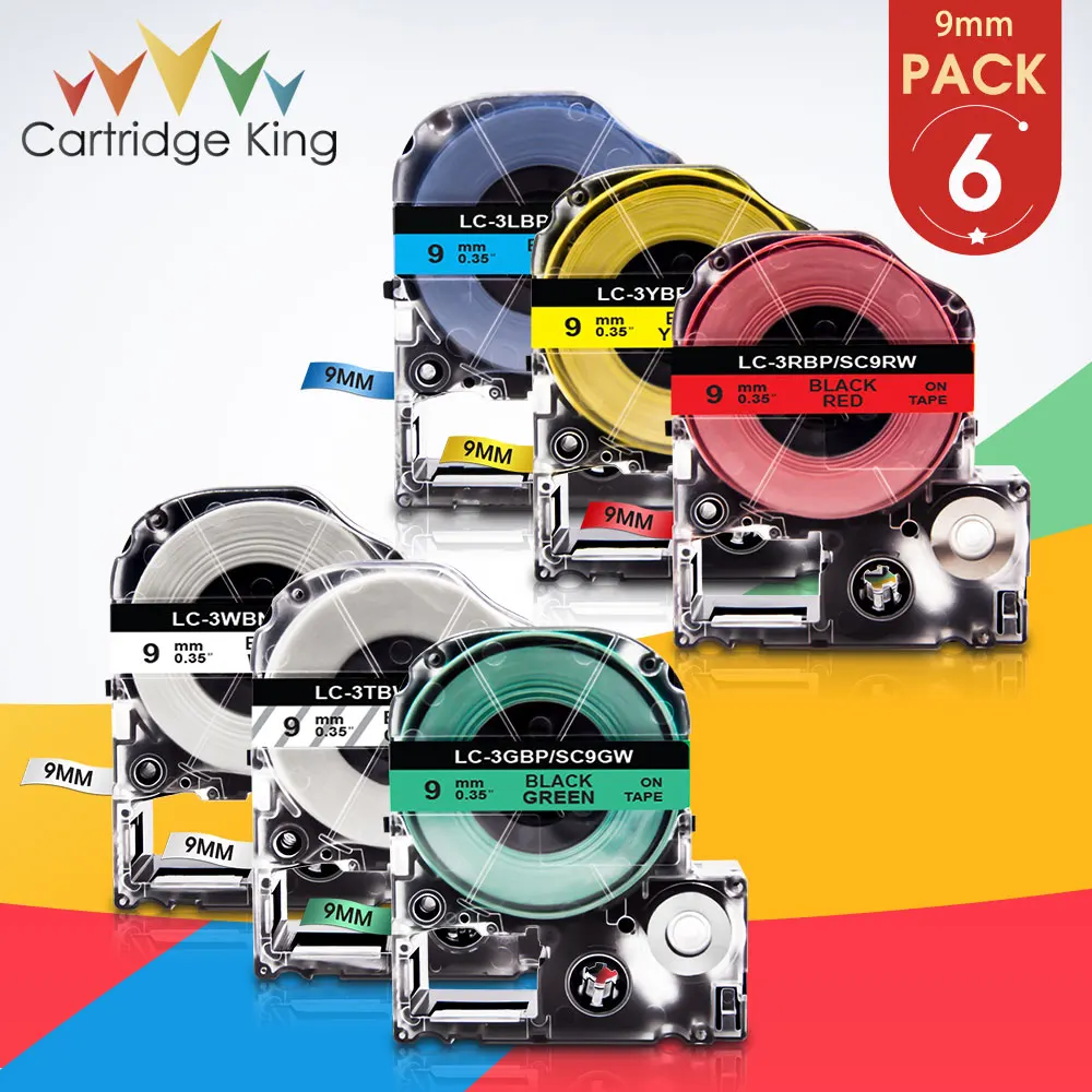 6X Mixed Color ST9KW SS9KW SC9RW SC9YW SC9BW SC9GW Black on White 9mm Label Tape for Epson King Jim TepraPro Label Maker Printer