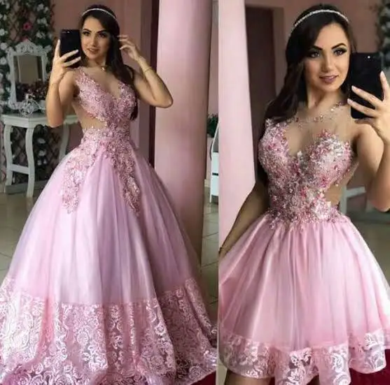 JIERUIZE Pink Detachable Train Wedding Dresses Beads Sheer Back Removable Skirt 2 in 1 Bridal Wedding Gowns