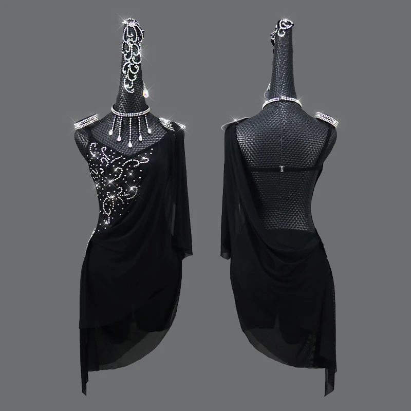 

Latin Dance Dress Latin Skirt Competition Dress Costumes Performing Dresses Sparkly Rhinestones Customize black Slim dress