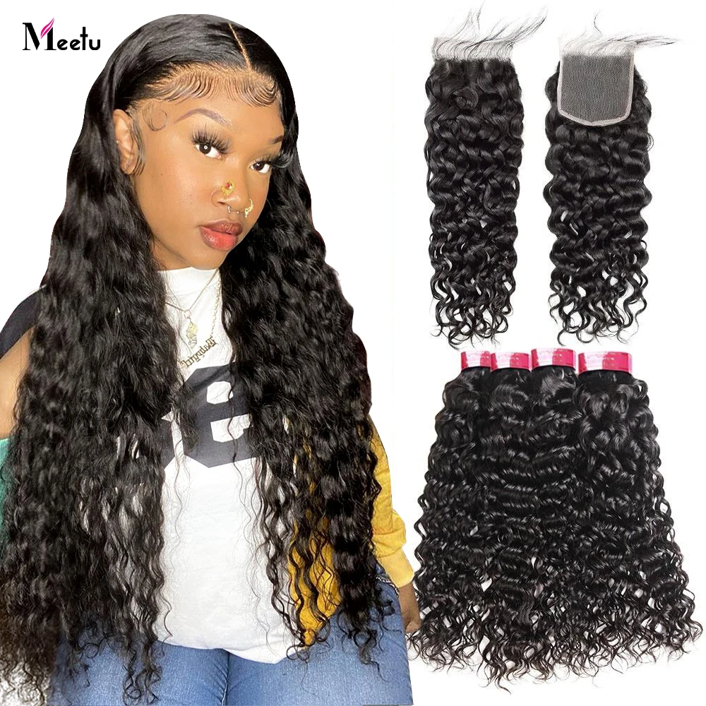 Meetu Water Wave Bundles With Closure Transparent Lace Closure With Bundles Brazilian Hair Weave Bundles With Closure Non Remy