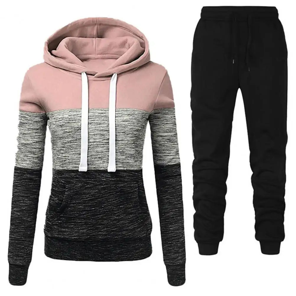 1 Set Hoodie Pants Set Women Two Piece Set Color Block Large Pocket Autumn Winter Tracksuit Contrast Color Running Sets Jogger