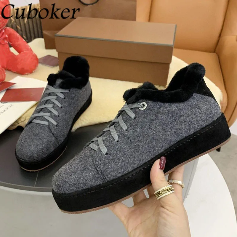 High Quality Kidsuede Flat Fur Boots Women Round Toe Lace Up Fur Sneakers Warm Snow Boots Female Casual Wool Flat Shoes Mujer