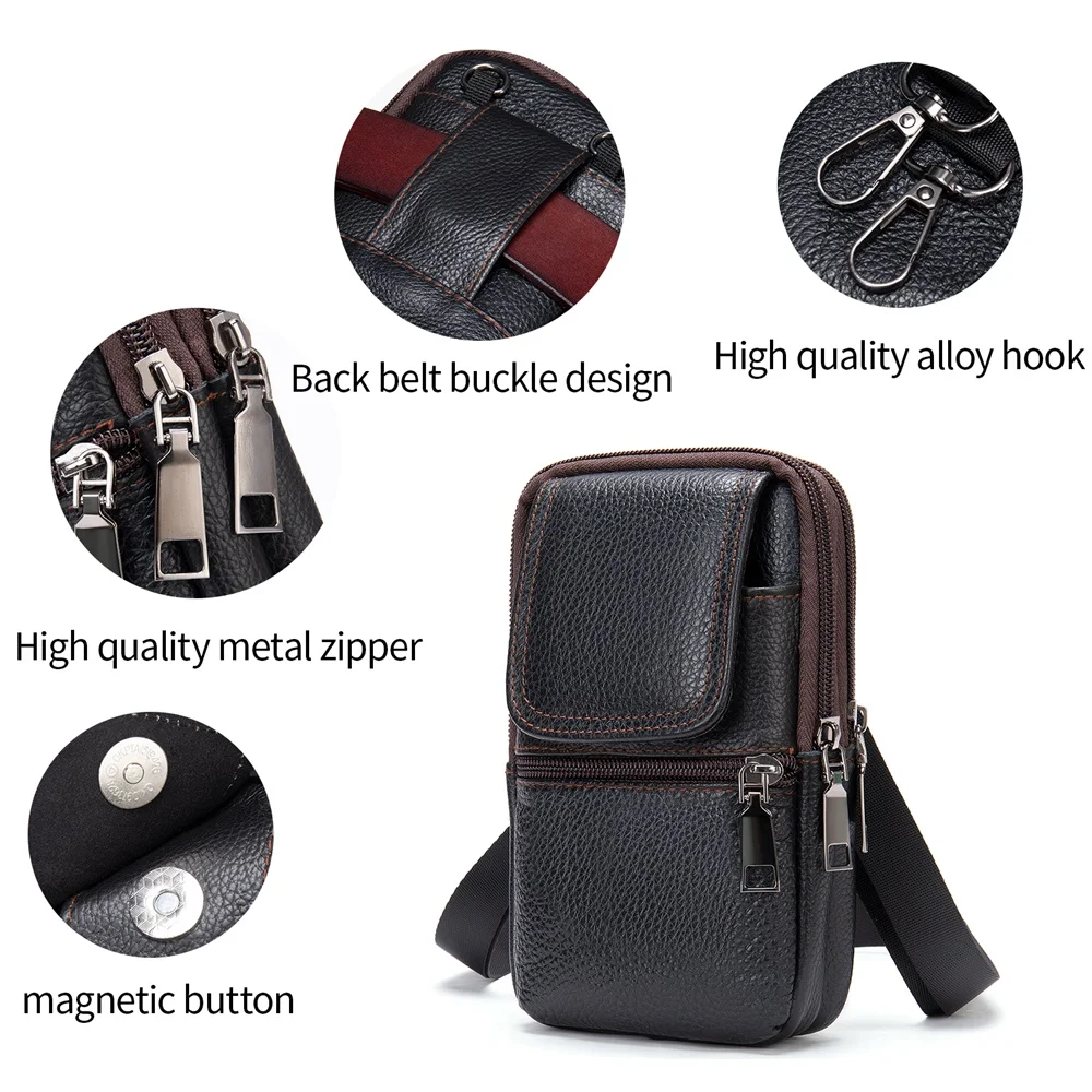 MVA Men Shoulder Messenger Crossbody Bag To Belt Man Fanny Casual Men\'s Waist Bags Leather Small Phone Pouch Cigarette Case 7488