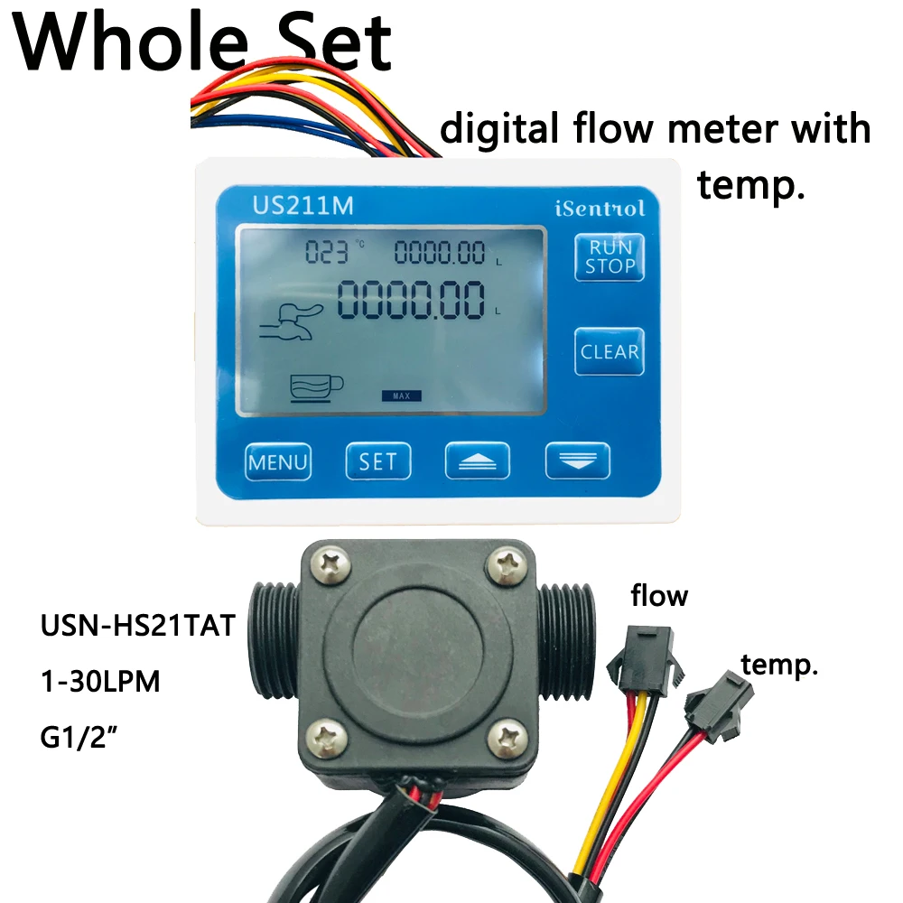 

US211M USN-HS21TAT Water Flow Meter Hall Water Flow Sensor 1-30 L/min Flow Displayer Totaliser Volume NO Power Adapter