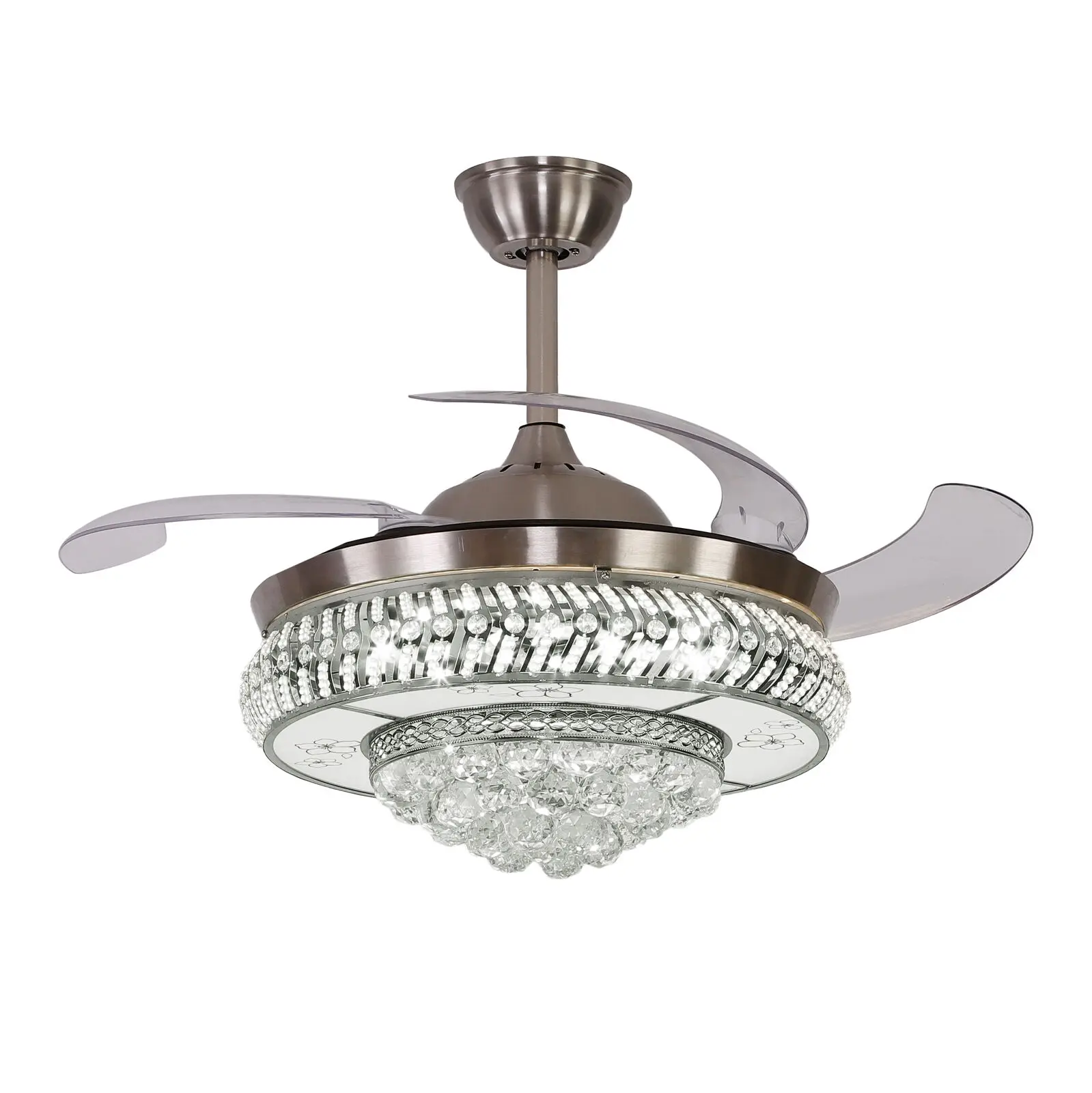 OUKANING Modern Retractable Crystal Ceiling Fan with Light and Remote Control LED Ceiling Light Chandelier Ceiling Fan