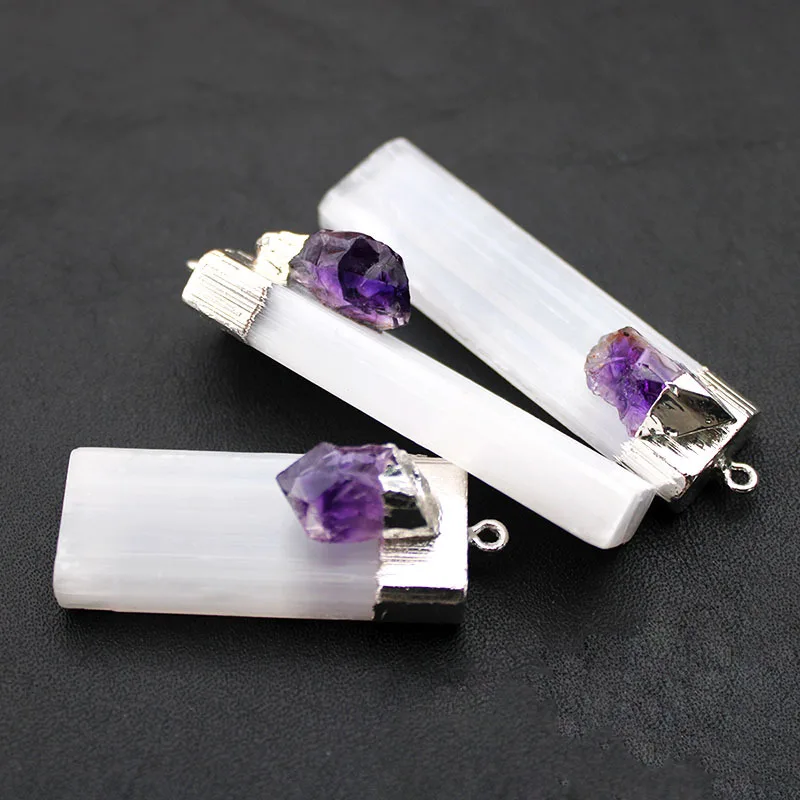 Natural Gypsum Stone Electroplating Gold Edge Pendant Necklace with Purple Crystal for Women Men Jewelry