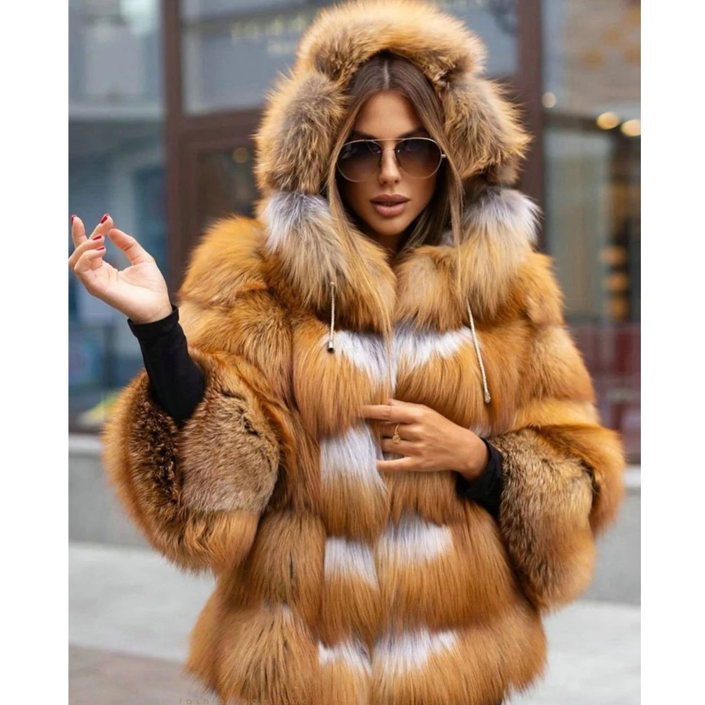 Medium Length Real Red Fox Fur Jacket with Hood Winter Fashion Women Genuine Fox Fur Coat Whole Skin Fur Overcoat Luxury Woman