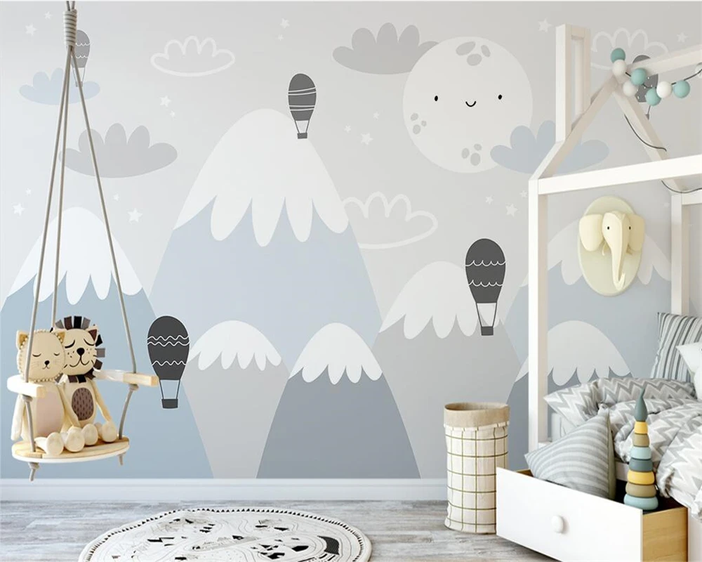 

beibehang Custom modern nordic hand-painted cartoon mountain peaks clouds moon children background wallpaper papier peint