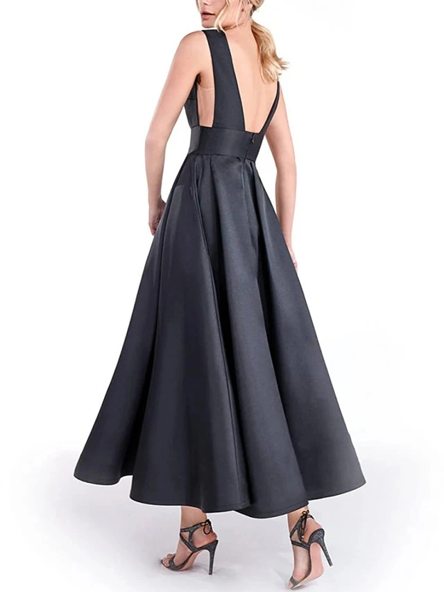 Sexy aberto para trás preto vestido de noite formal jewel neck sem mangas tornozelo comprimento cetim baile de formatura vestidos de festa quente noche