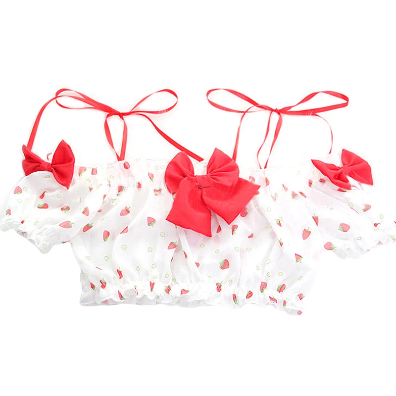 Women Sweet Strawberry Print Lingerie Set Ruffles Bowknot Crop Top Shorts Pajamas Kawaii Anime Lolita Cosplay Nightwear Lingerie