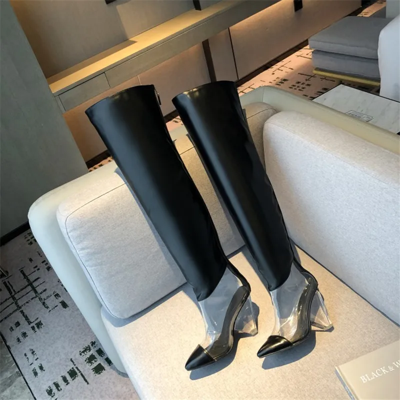 MStacchi Women Winter Transparent Over The Knee Boots Woman Pointed Toe 12CM Crystal High Heel Pump Fashion Silver Ladies Boots