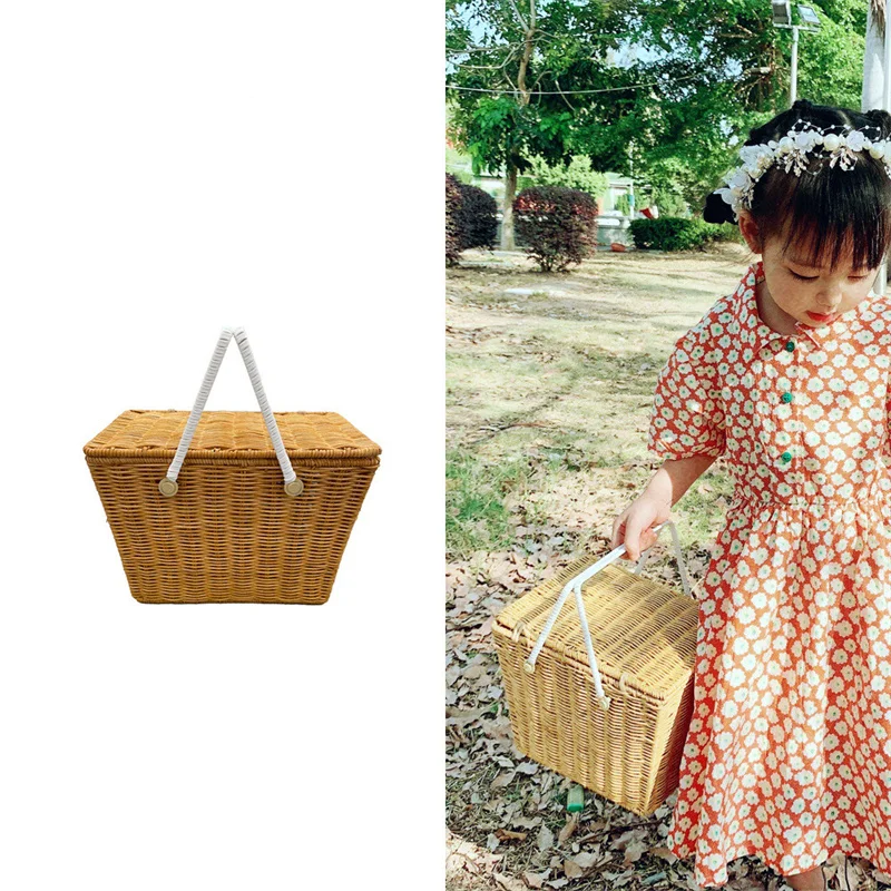 

Vintage Wicker Handmade Woven Rattan Basket With Handle And Lids Camping Picnic Food Storage Container For Camping Decor Box