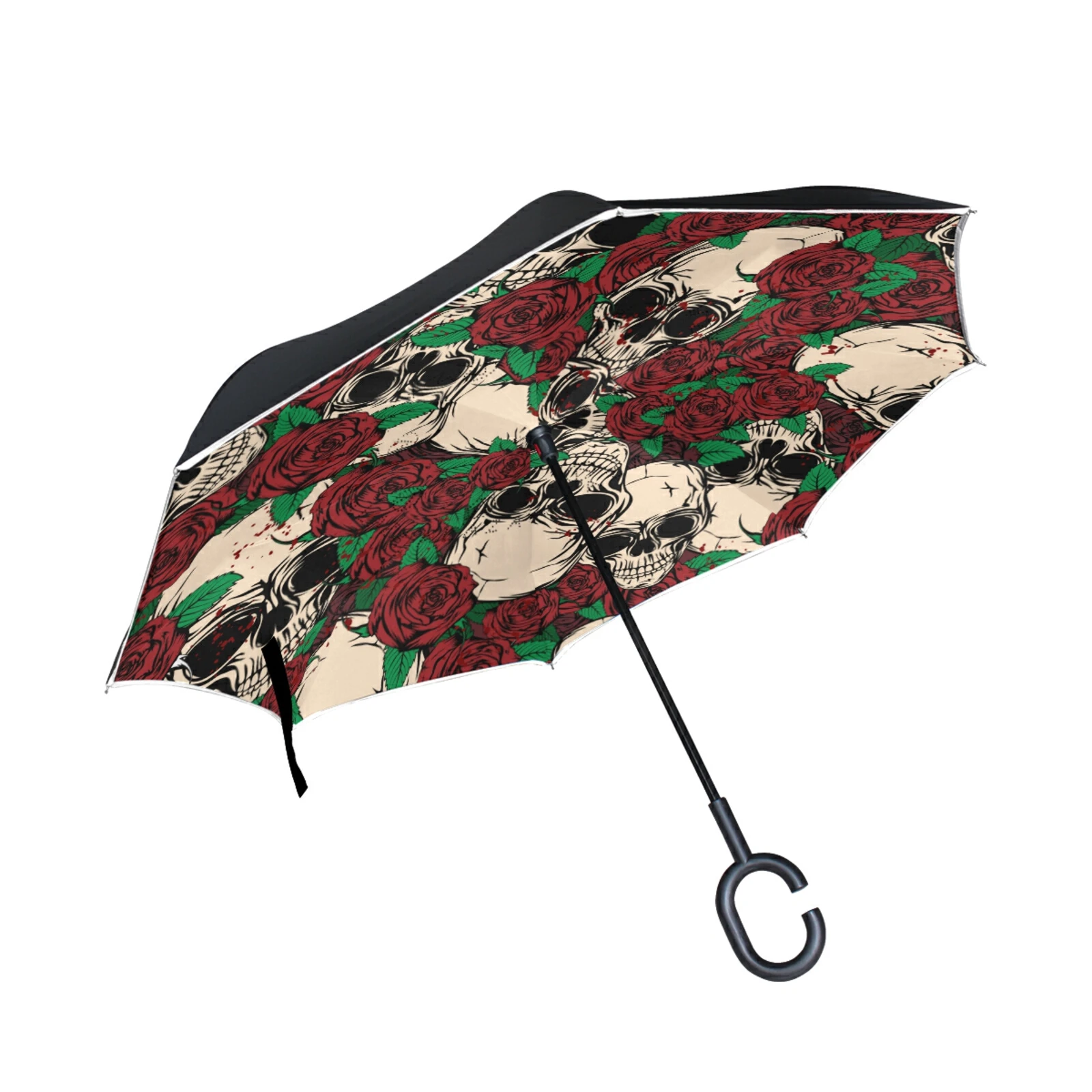 Windproof Reverse Umbrella Rose Skull Printing Double Layer Long Handle Inverted Car Umbrella Rain Women Parasol High Quality