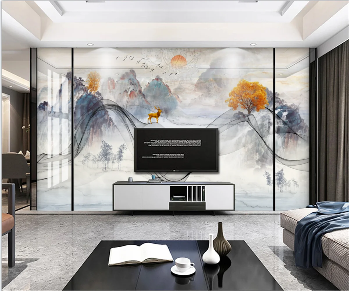 beibehang Customized new Chinese hand-painted lines ink landscape marble TV background wallpaper papel de parede papel de parede