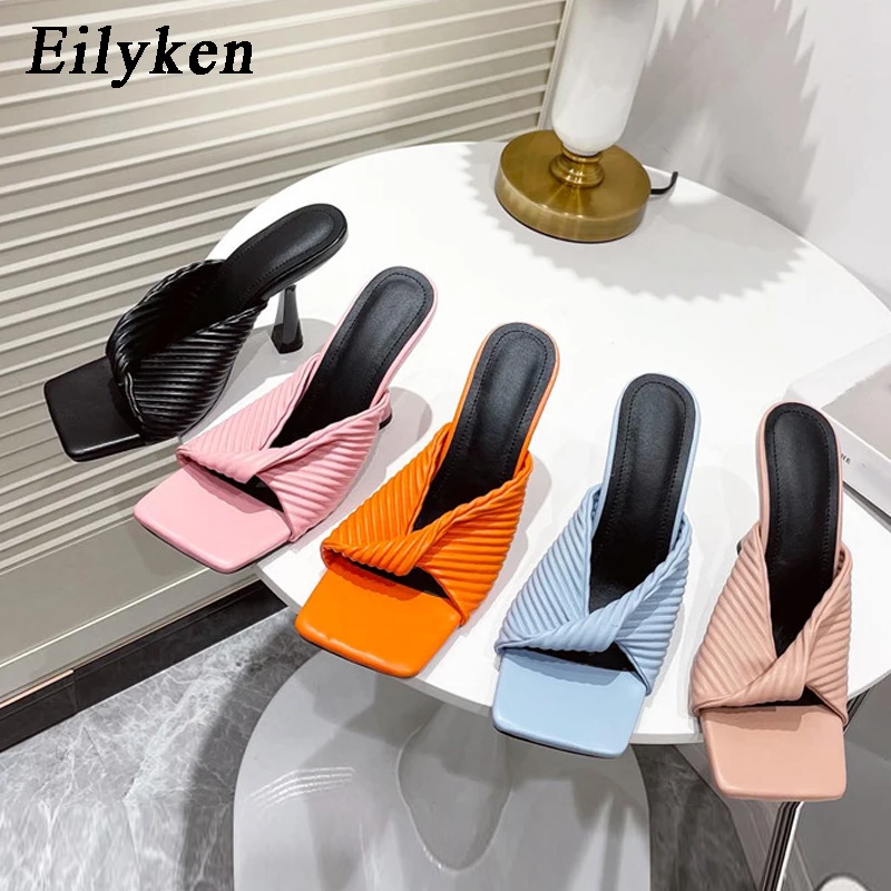 Eilyken 2024 New Summer Pleated Orange Women Slipper Fashion Slides Ladies Elegant Thin High Heel Square Toe Sandals Shoes