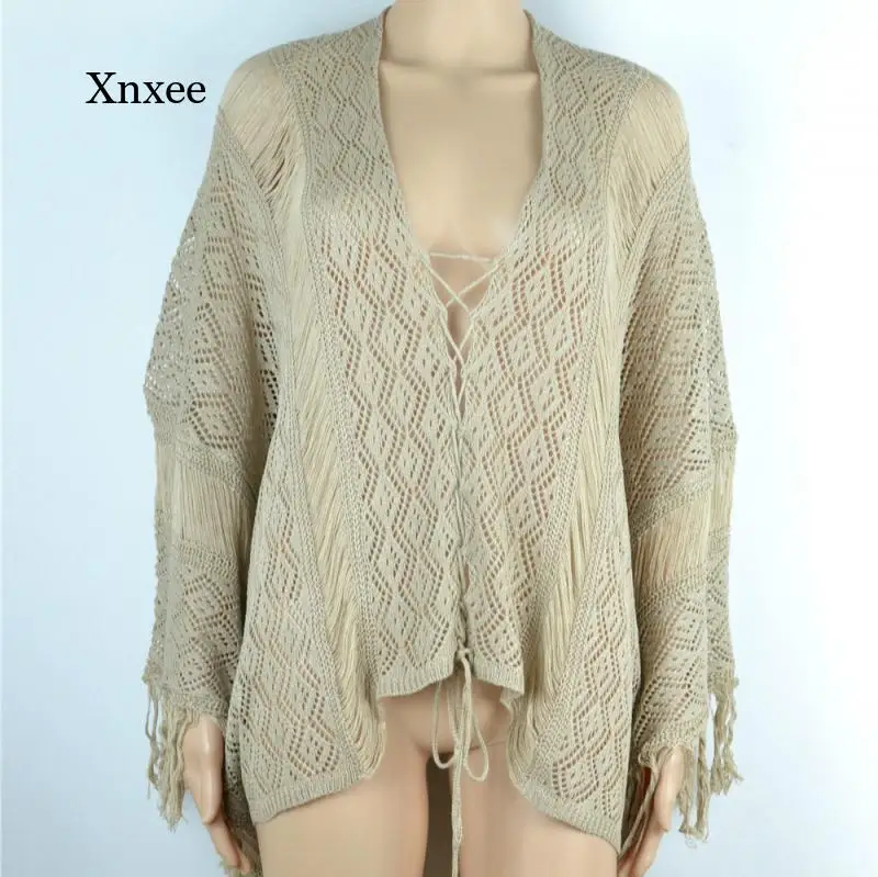 Robe de plage en tricot à franges pour femmes, Cover-Up pour les maillots de bain, ajouré, Crochet, style Boho