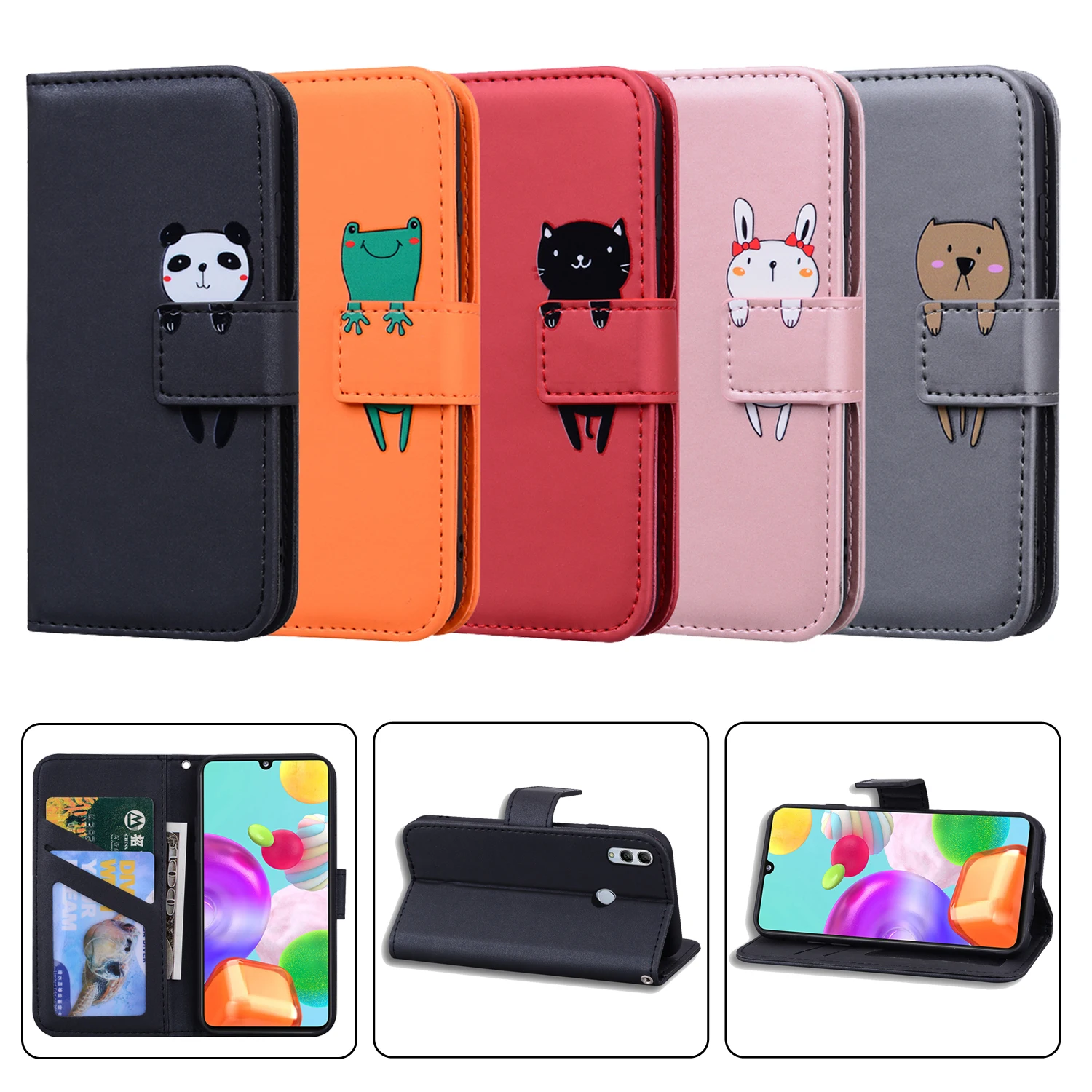 

Leather Flip Case For Huawei P Smart 2020 Card Slots Honor 10 Lite 7A 8A 8X 9S Enjoy 7S 2019 Cover Stand Holder Cat Anima Cute