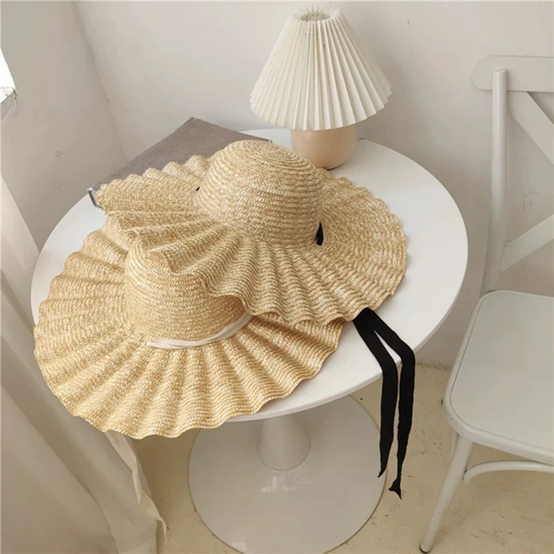 2020 New Large Brim Ribbon Straw Hat Summer Hats For Women Ribbon Beach Cap Beach hat Dome Top Sun Hat Holiday Elegant cap