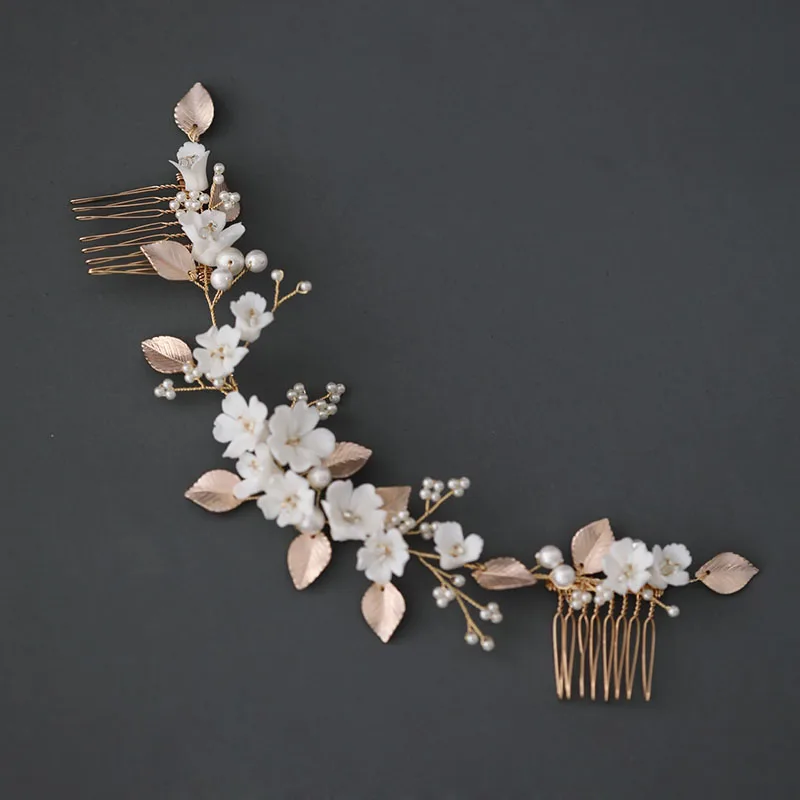 Floralbride Handmade Ins Style Ceram Flower Leaf Crystal Bridal Hair Comb Chain Wedding Headdress Hair Accessory Women Jewelry