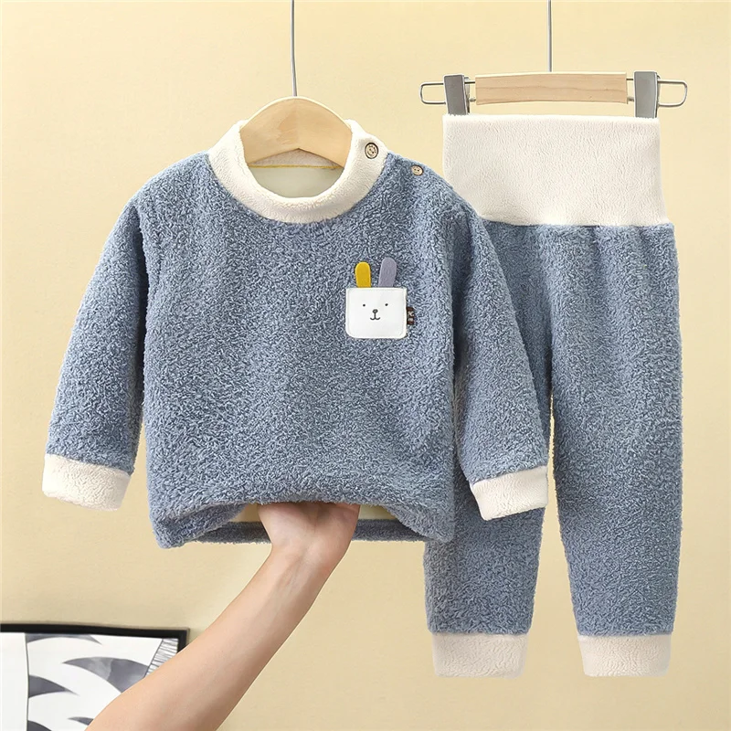 Thick Warm Clothes Suit Autumn Winter Plus Velvet Top Elastic Waist Pants 2Pcs Toddler Outfits New Fashion Boy Girl Clothing Set