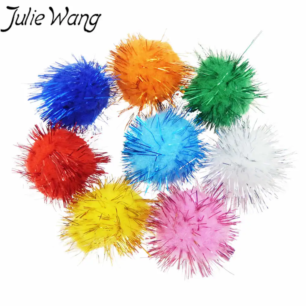 Julie Wang 10/20/25/30mm Fluffy Soft Glitter Tinsel Pom Poms Pompoms Ball Mixed Colors Jewelry Making Wedding Christmas Decor