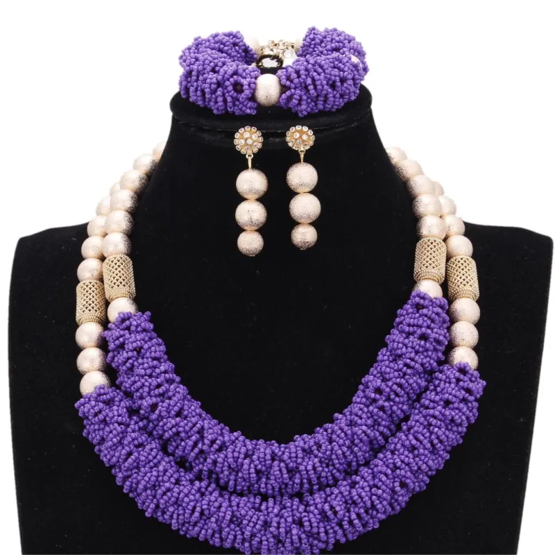 Purple Fine Jewelry Sets For Women Gold Color Balls African Set Jewelry Nigerian Wedding Beads Sets