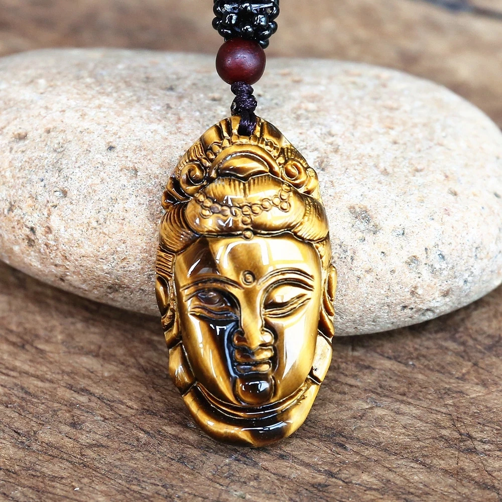 New Buddhist Guanyin Avatar Natural Tiger Eye Stour Jade Carved Buddha Pendant Lucky Energy Necklace Fashion Jewelry Accessories