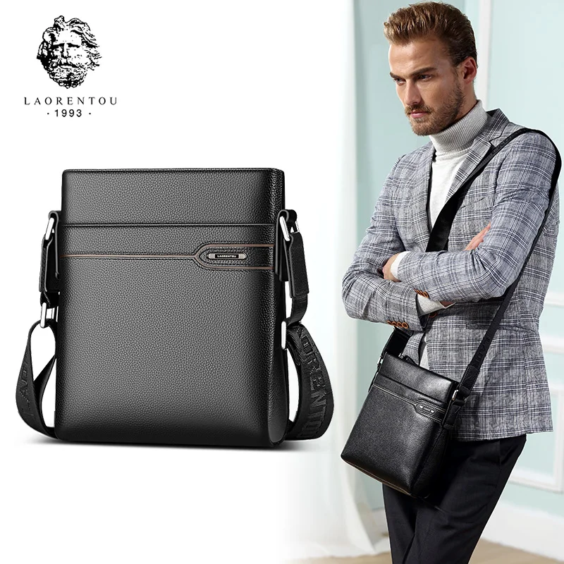 LAORENTOU Genuine Leather Men Crossbody Bag Business Shoulder Bag Real Cow Leather Side Messenger Bag for Man Vintage Casual Bag