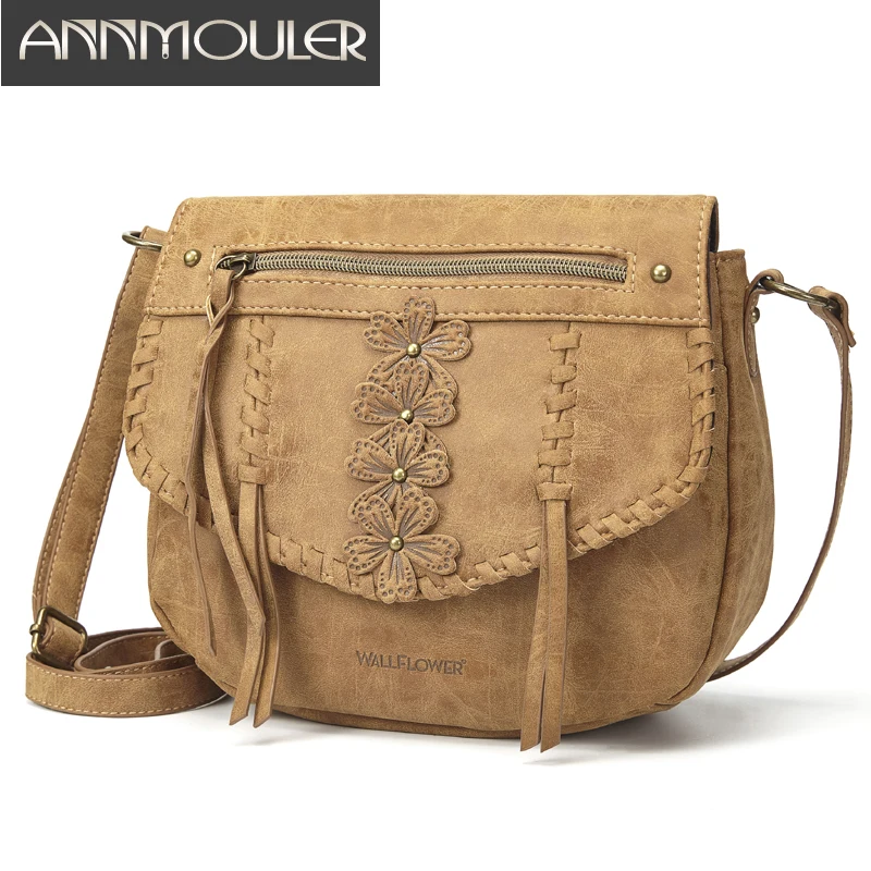 Annmouler Designer Women Handbag Purse Pu Leather Shoulder Bag Flower Crossbody Bag Small Ladies Messenger Bag Brown Lace Totes