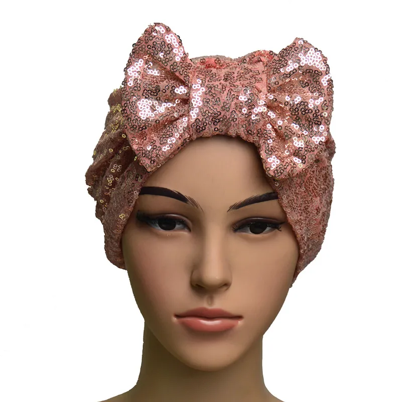 Shiny Pailletten Motorhaube Frauen Bowknot Turban Hut Kopf Schal Kappen Kopf Wrap Chemo Mützen Bögen Haar Abdeckung Party Zubehör