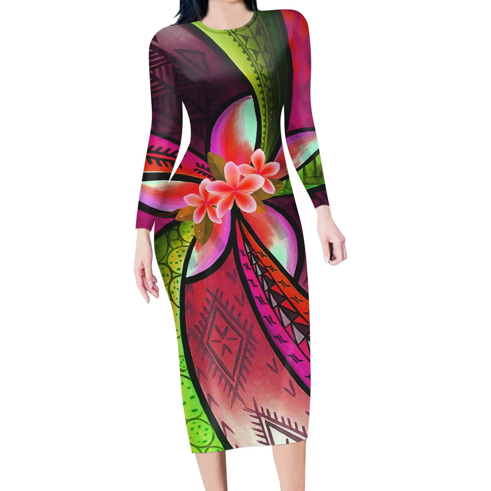 HYCOOL Hawaii Flower Polynesian Dress Long Sleeve Women Clothing Autumn Winter Bodycon O Collar Ladies Party Dress 2020 Vestidos