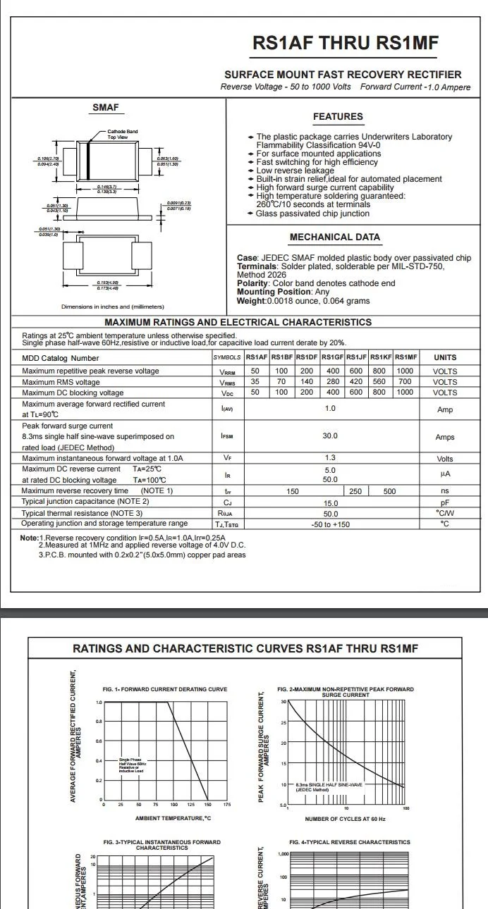 100PCS RS1AF RS1BF RS1DF RS1GF RS1JF RS1KF RS1MF 1A 50V 100V 200V 400V 600V 800V 1000V SMAF