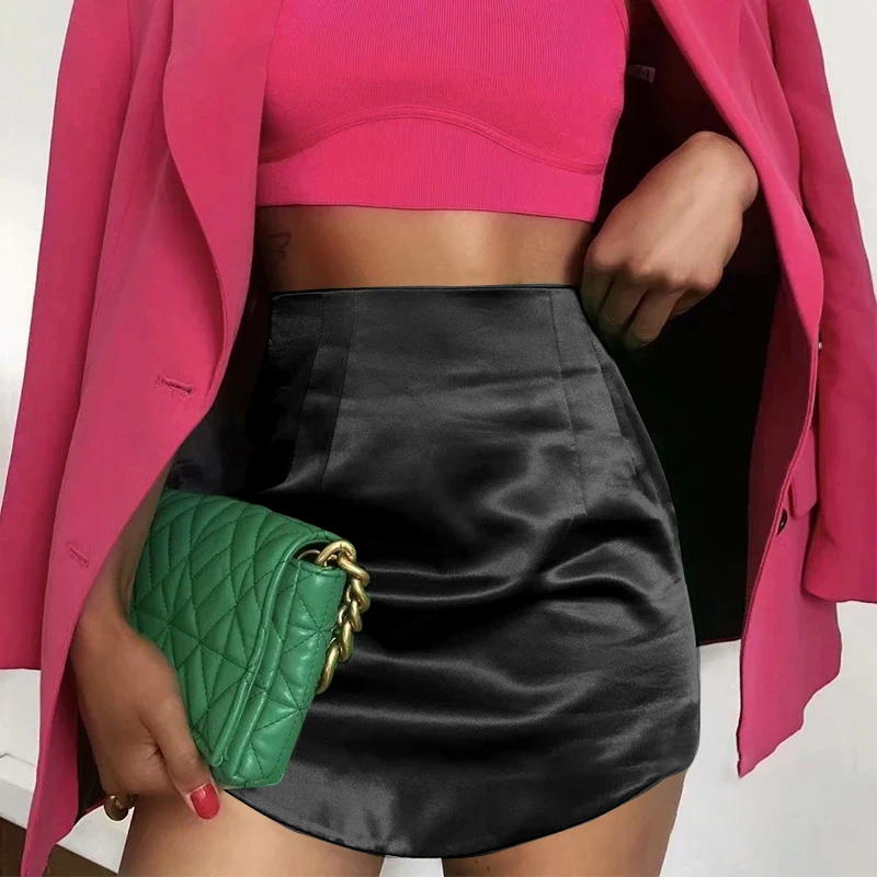 Slim Chic Elegant Women Mini Skirts Green Satin High Street Solid Side Zipper Sexy Bodycon Skirt Faldas Mujer