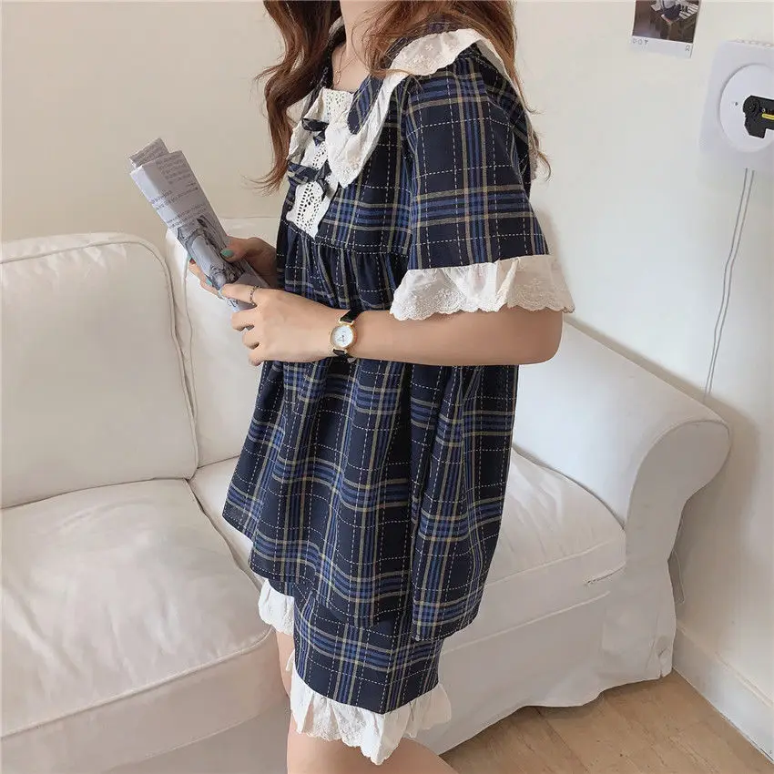 Pajama Sets Women Homewear Cotton Plaid Lace Bowknot Short Patchwork Kawaii Womens Cute Lolita Style 2 Piece 2020 Pajamas New