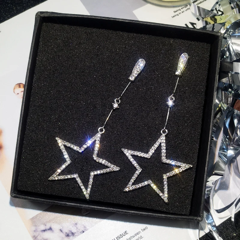 2024 New Fashion Crystal Rhinestone Hollow Five-pointed Star Hanging Earrings Ladies Fashion Jewelry Dangle Earrings