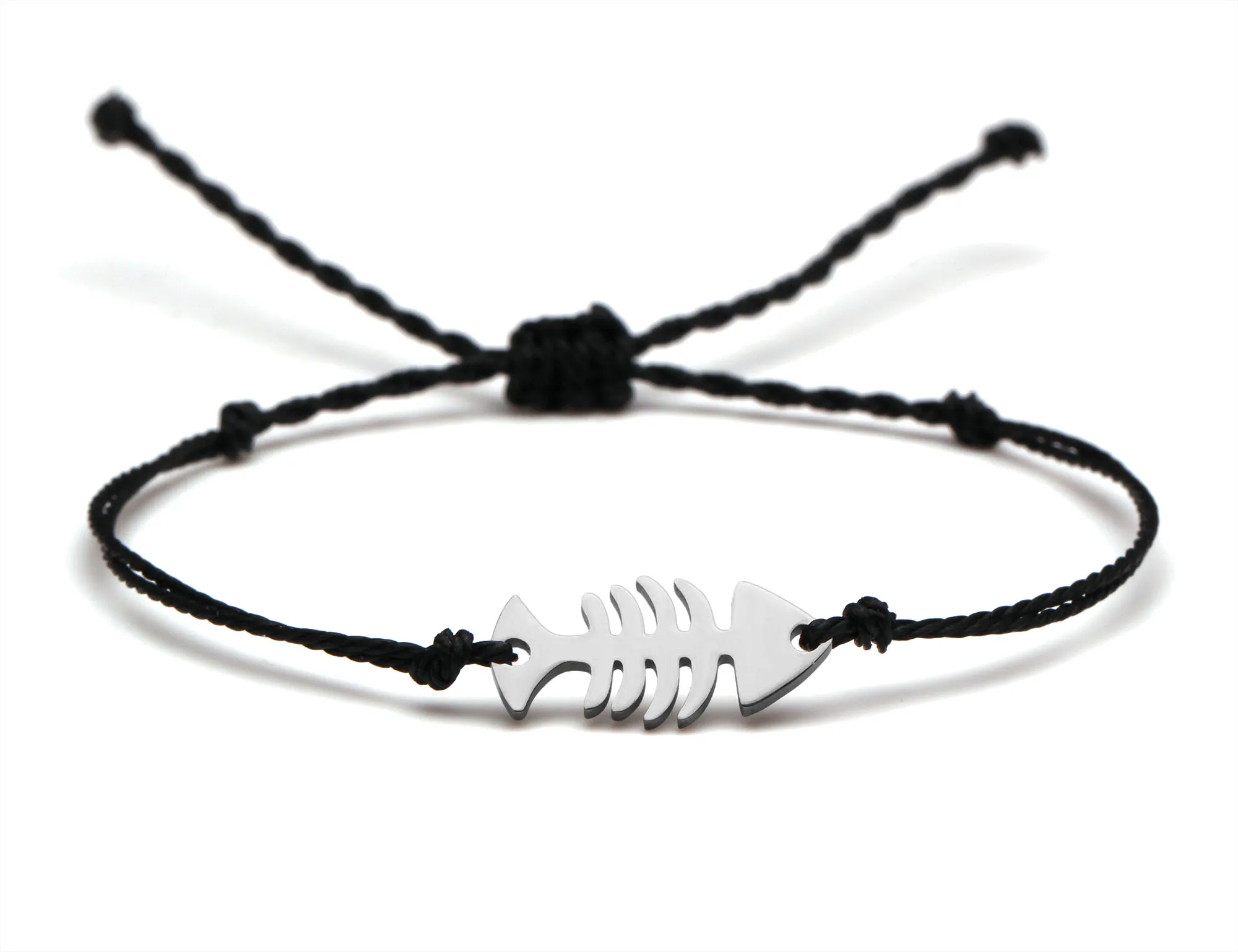 Pretty Cute Stainless Steel Fish Bone Charm Bracelet Women Female White Brown Black String Pure Handmade Nautical Surf Jewelry