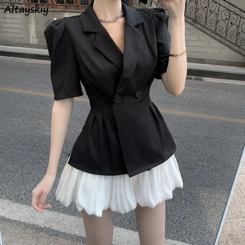 

Dress Sets Women Design Elegant Notched Slim Mini Skirts Side-slit Summer High Street Female Casual Fashion 2pcs Popular Solid