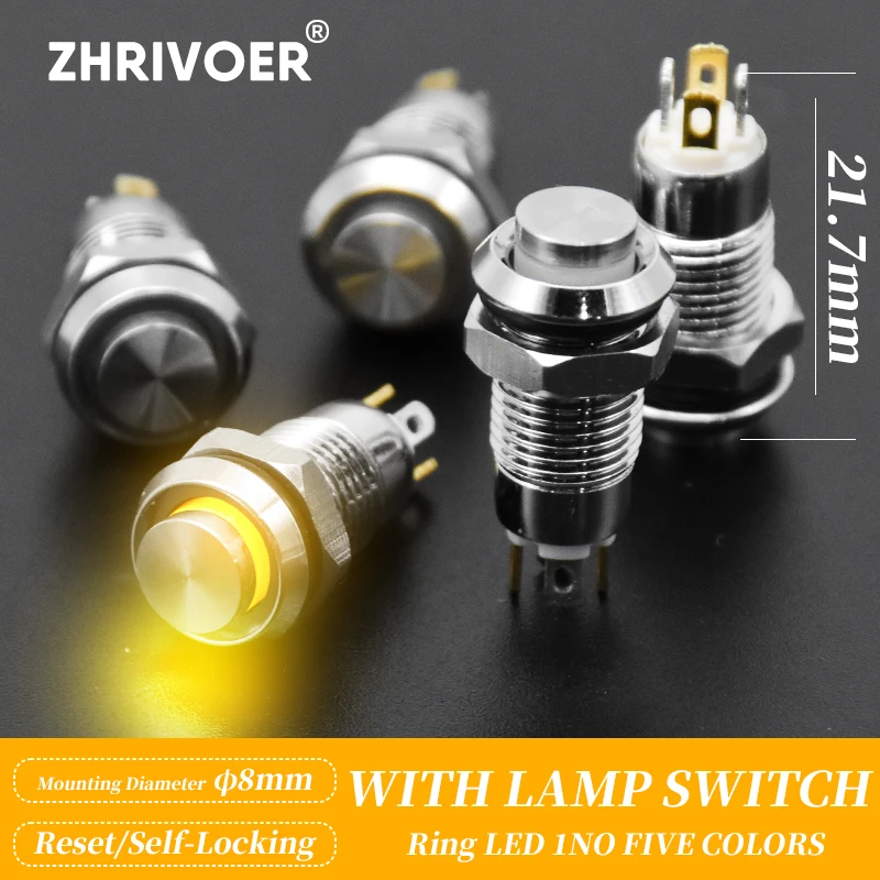 8mm Waterproof Metal Push Button Switch LED Light Self-locking/Latching Self-reset/Momentary 3V 6V 12V 24V 36V 48V 110V 220V