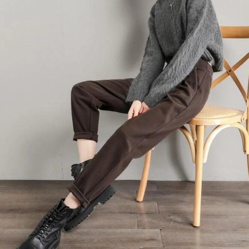 Casual Pants Women Woolen Ankle Length High Waist Warm Winter Solid Street Pantalones All Match Preppy Tender Harem Trousers Bf