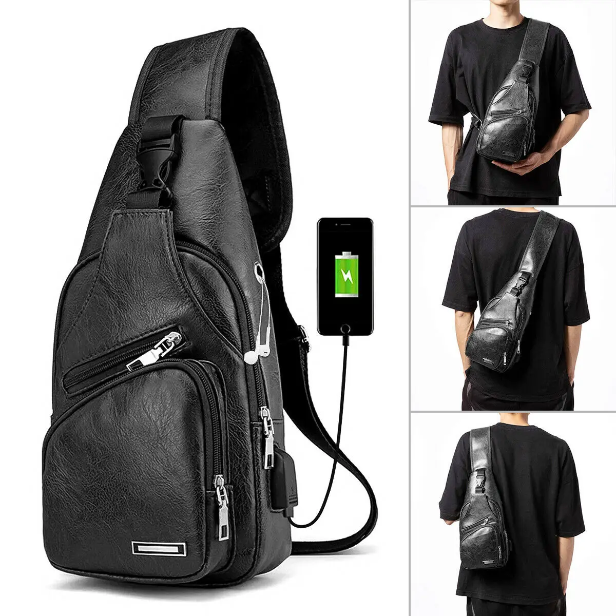 2022 new usb charging chest bag Men Leather Sling Bag Chest Shoulder Crossbody Backpack USB Charging Port Travel