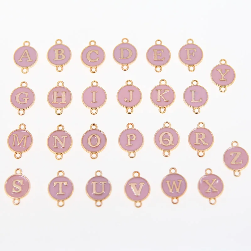 10/26pcs/lot Pink Double hanging ring Letter Charms Enamel For Jewelry Making Alphabet Initial Pendant For DIY Accessories