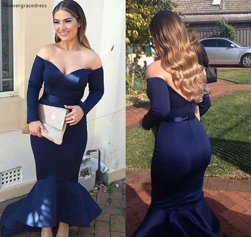 New Meramid Long Sleeves Navy Blue Evening Dress Backless Dubai African Formal Holiday Wear Party Gown Custom Made Plus Size