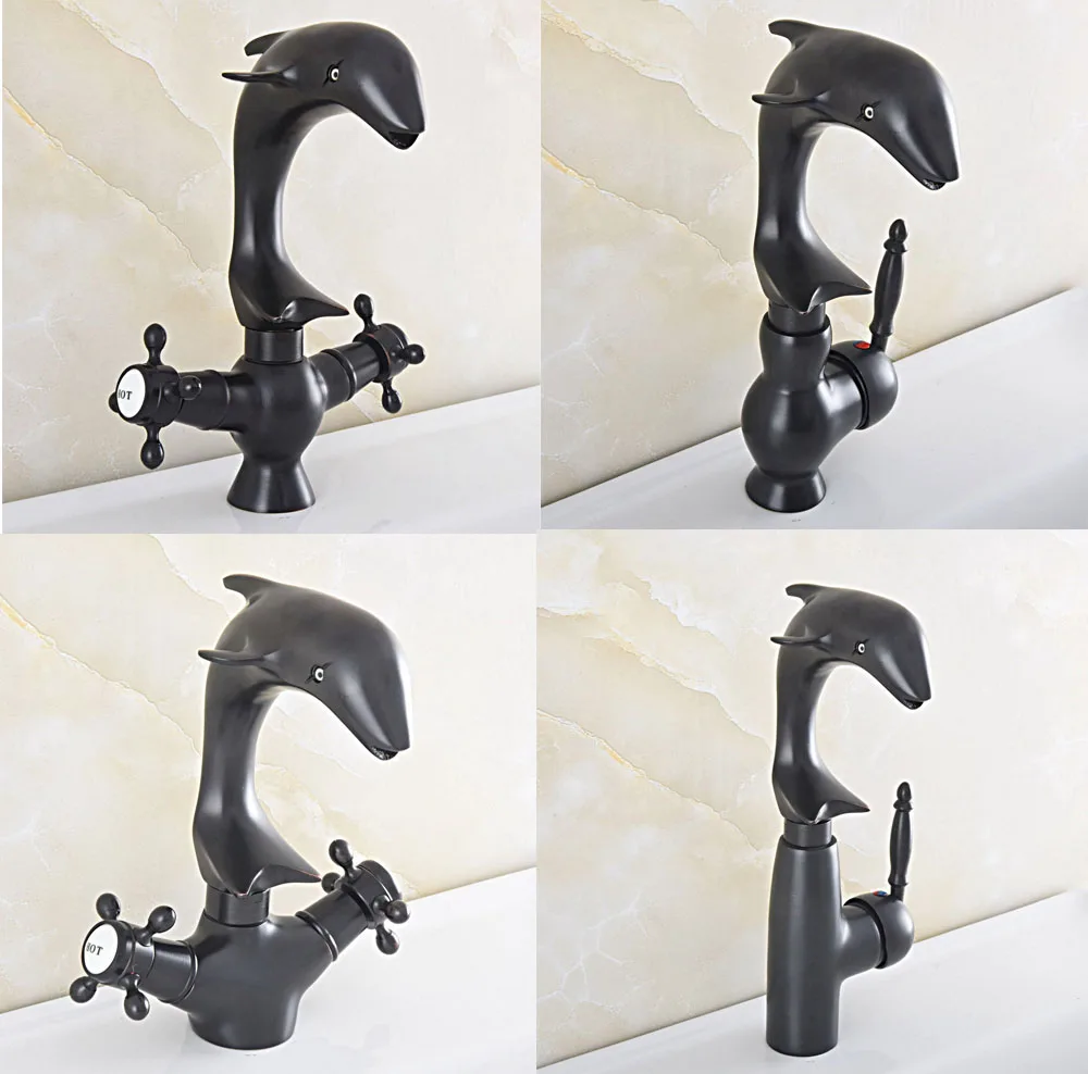 

Dolphin Style Black Oil Rubbed Bronze Deck Mounted Bathroom Basin Faucet Vessel Sink Water Mixer Tap