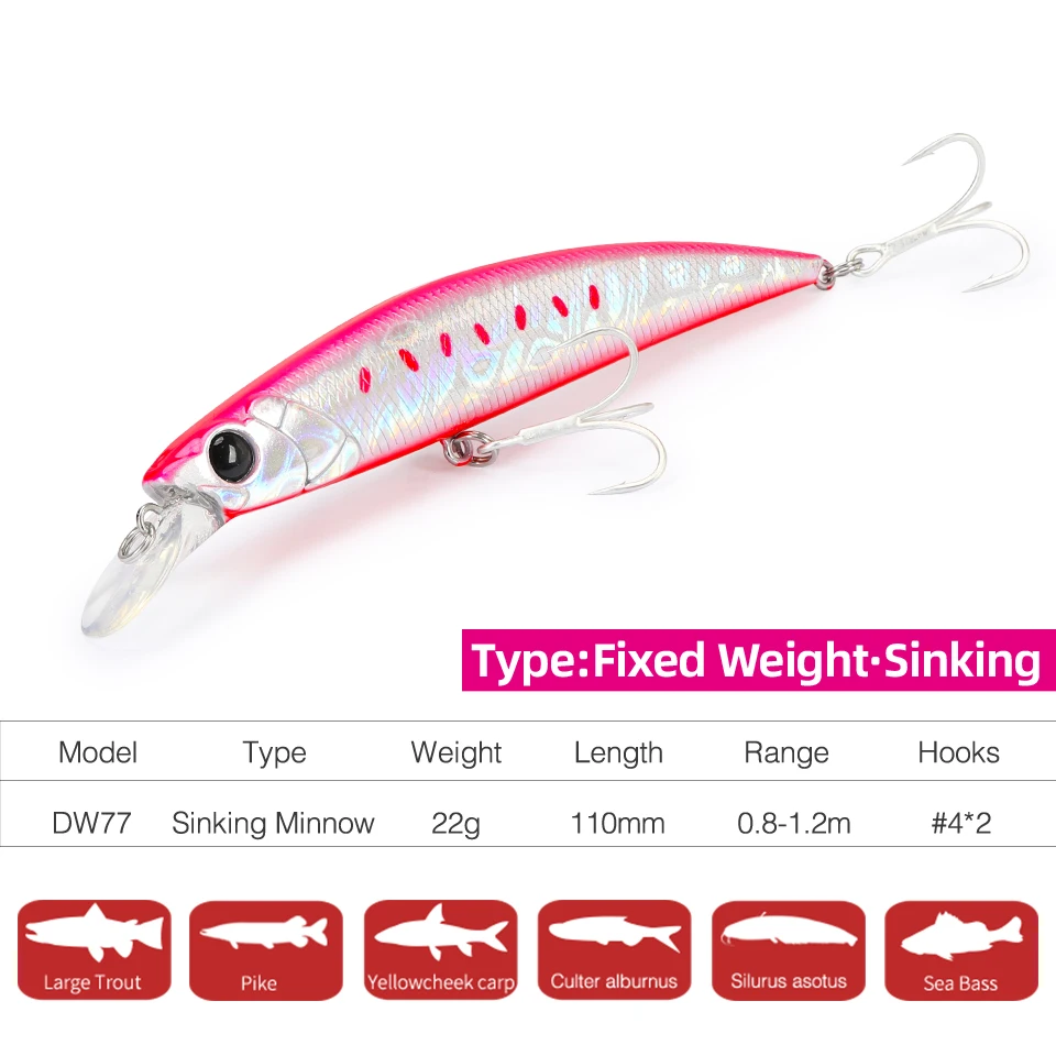 TSURINOYA 110S Sinking Minnow NEW COLOR DW77 110mm 22g Large Trout Pike Seabass Sea Fishing Artificial Hard Bait Jerkbait Wobble