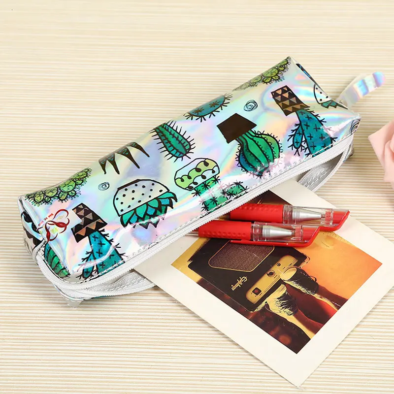 Cute Green Cactus Pencil Case For Girl Boys Stationery Student School Supplies Holographic Laser Big Pen Box School Pencil Bag