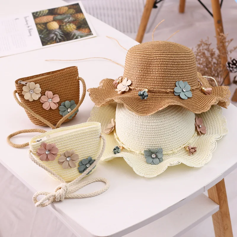 Newest holiday child girl straw hat and bag 2pcs a set floral sun hat baby beach Floppy Panama casquette gorros shoulder bags