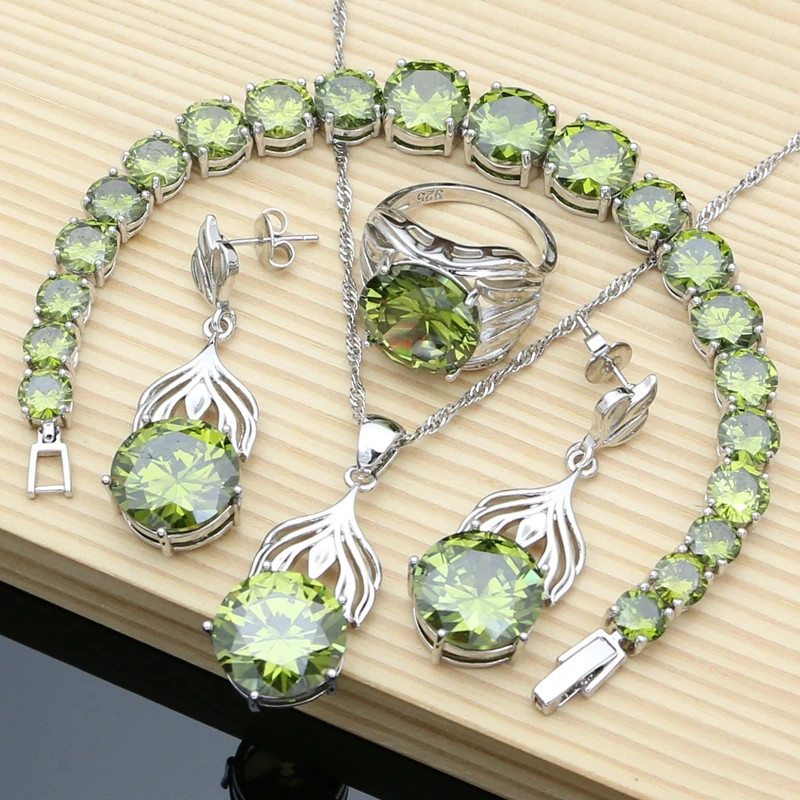 Olive Green Big Topaz Needle Earrings Silver 925 Jewelry Sets Rings Fine Women Jewellry Bride 4pcs Necklace Set Dropshipping